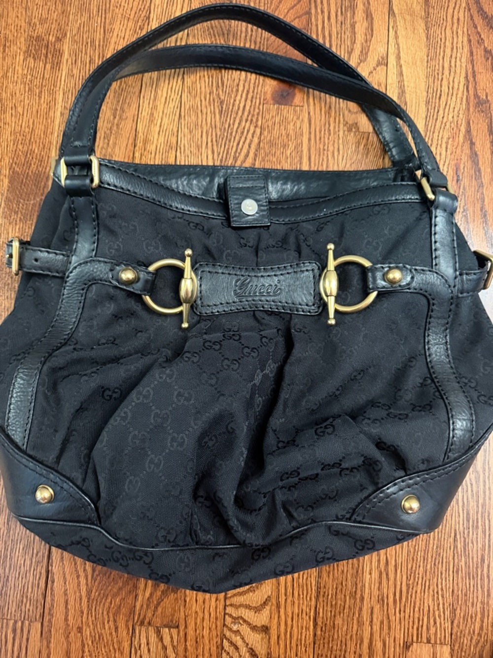 Gucci Black GG Canvas Shoulder Bag with Gold Hardware great condition